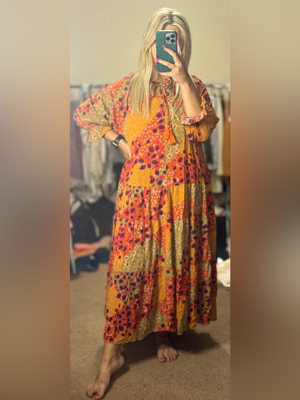 Boho Floral Patchwork Maxi Dress in Mustard & Olive by Easel
